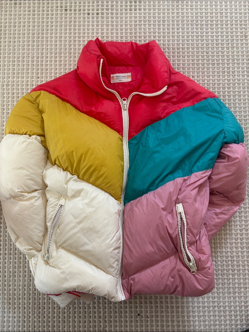 Marine Layer Colorblock Puffer Jacket - Red, Mustard, Teal, Pink, White